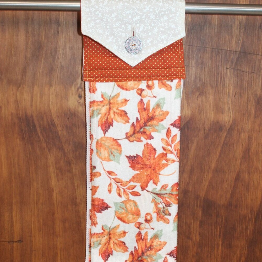 AUTUMN LEAF ORANGE & CREAM LEAF HANDMADE HANGING KITCHEN HANDTOWEL THANKSGIVING